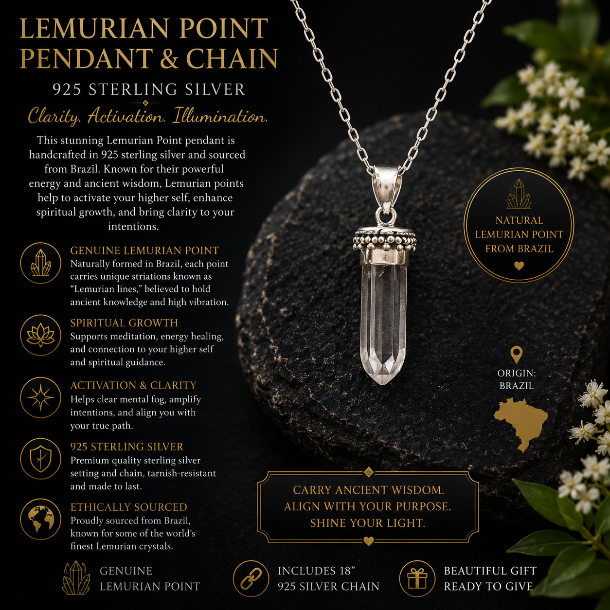 Silver Cap Lemurian Point Pendant and Chain Set - 925 Silver - BRAZIL