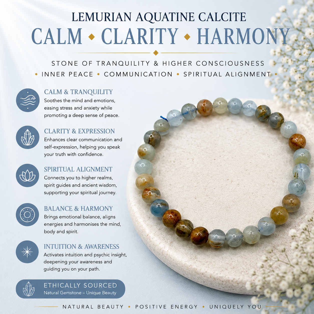 Lemurian Aquatine Calcite Round Bead Bracelet