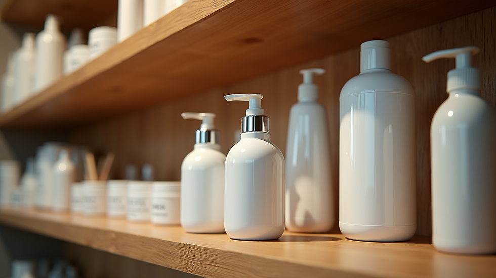 Eye-level view of hair care products arranged on a wooden shelf