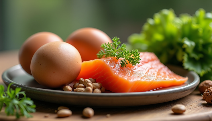 Close-up view of fresh eggs, salmon, leafy greens, and nuts arranged on a wooden table
