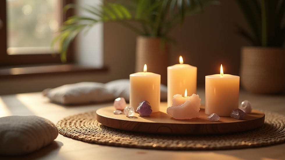 Eye-level view of a serene meditation space with candles and crystals