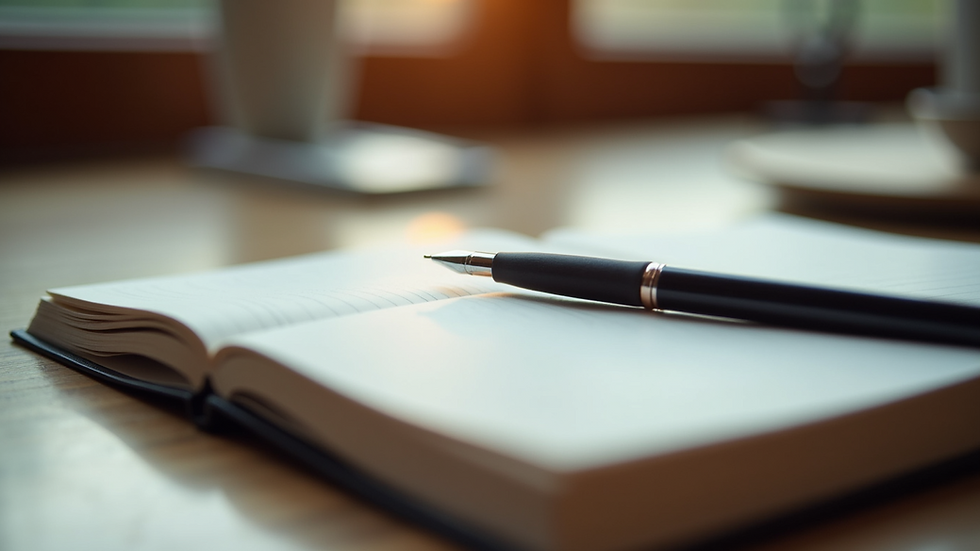 Close-up view of a journal and pen on a wooden table for reflection
