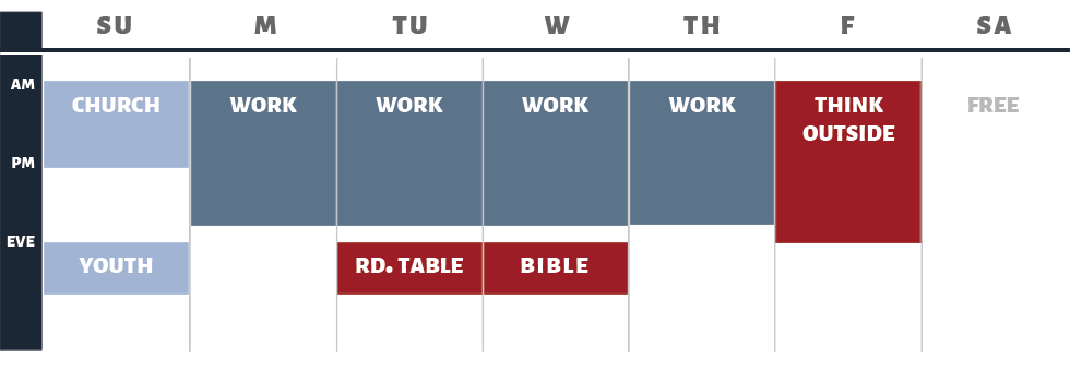 A weekly schedule chart showing church, youth group, work, round table, Bible study, and outdoor activities.