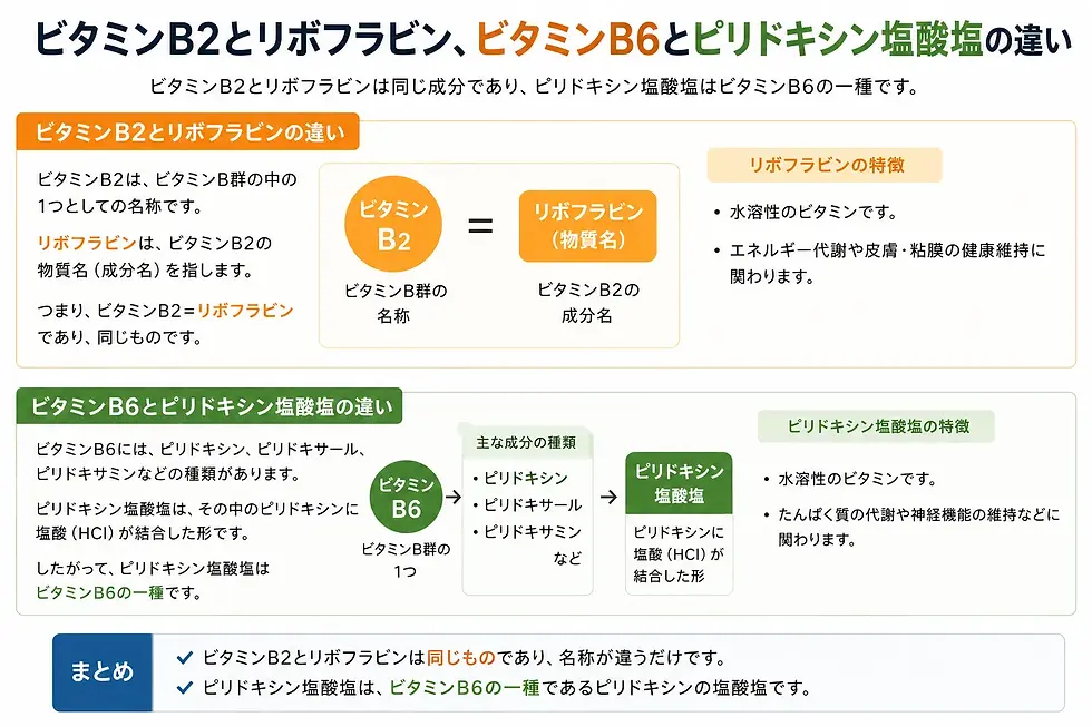 ビタミンB2とリボフラビン、ビタミンB6とピリドキシン塩酸塩の違い
