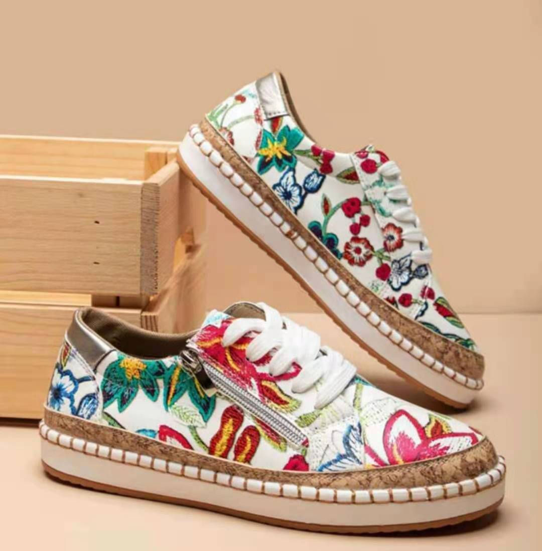 Elegant Floral Printed Lace Up Flat Shoes