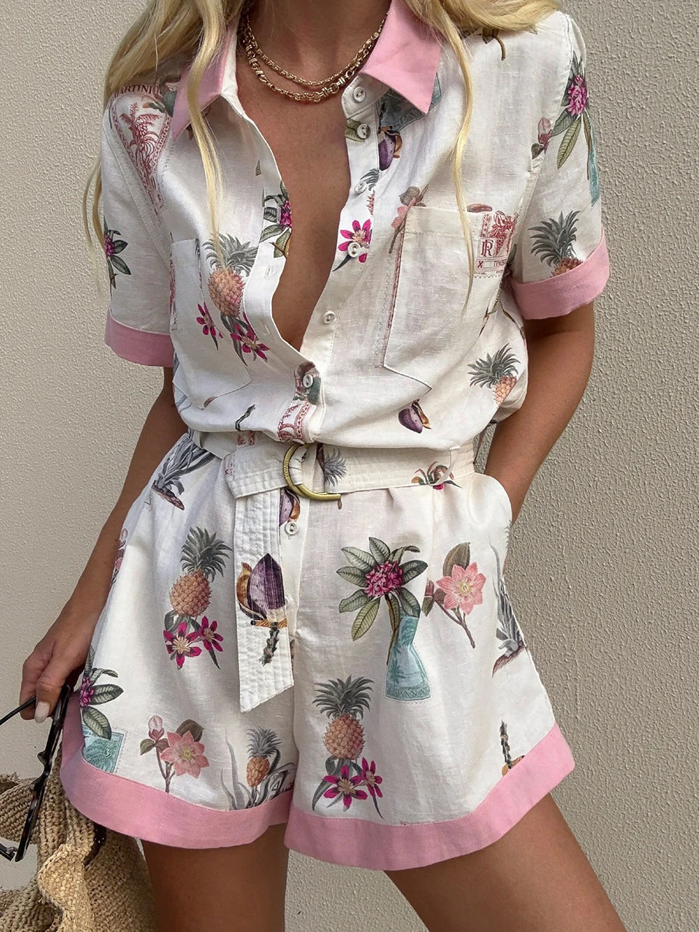 Early Spring 2026 Women Flower Printed Short Sleeve Turn-down Collar High Waist 