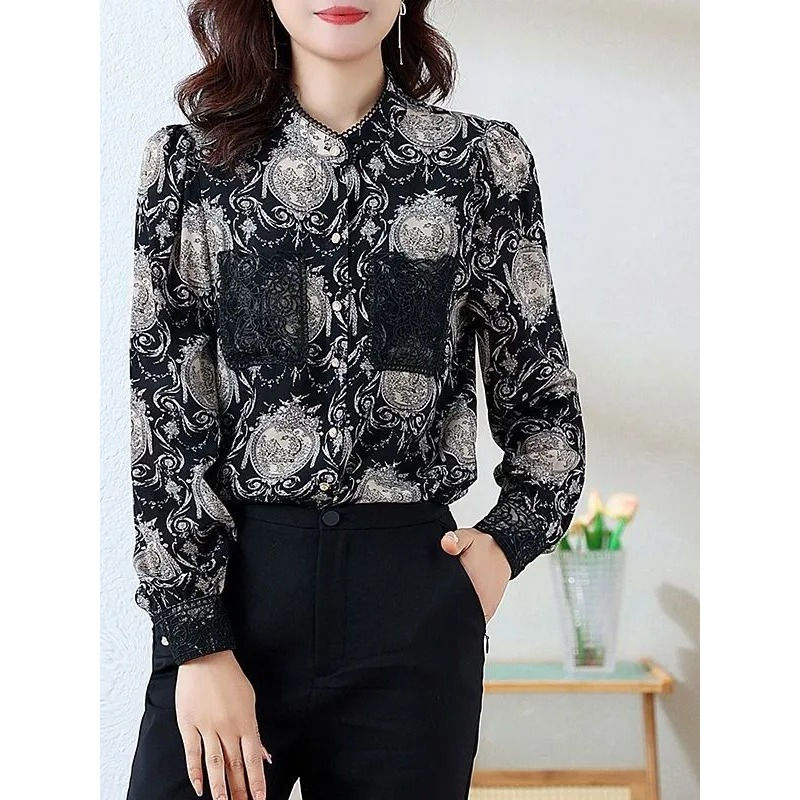 Thumbnail: Shirts for Women in Spring Autumn New Style Printed Satin Stylish Slim Fashion C