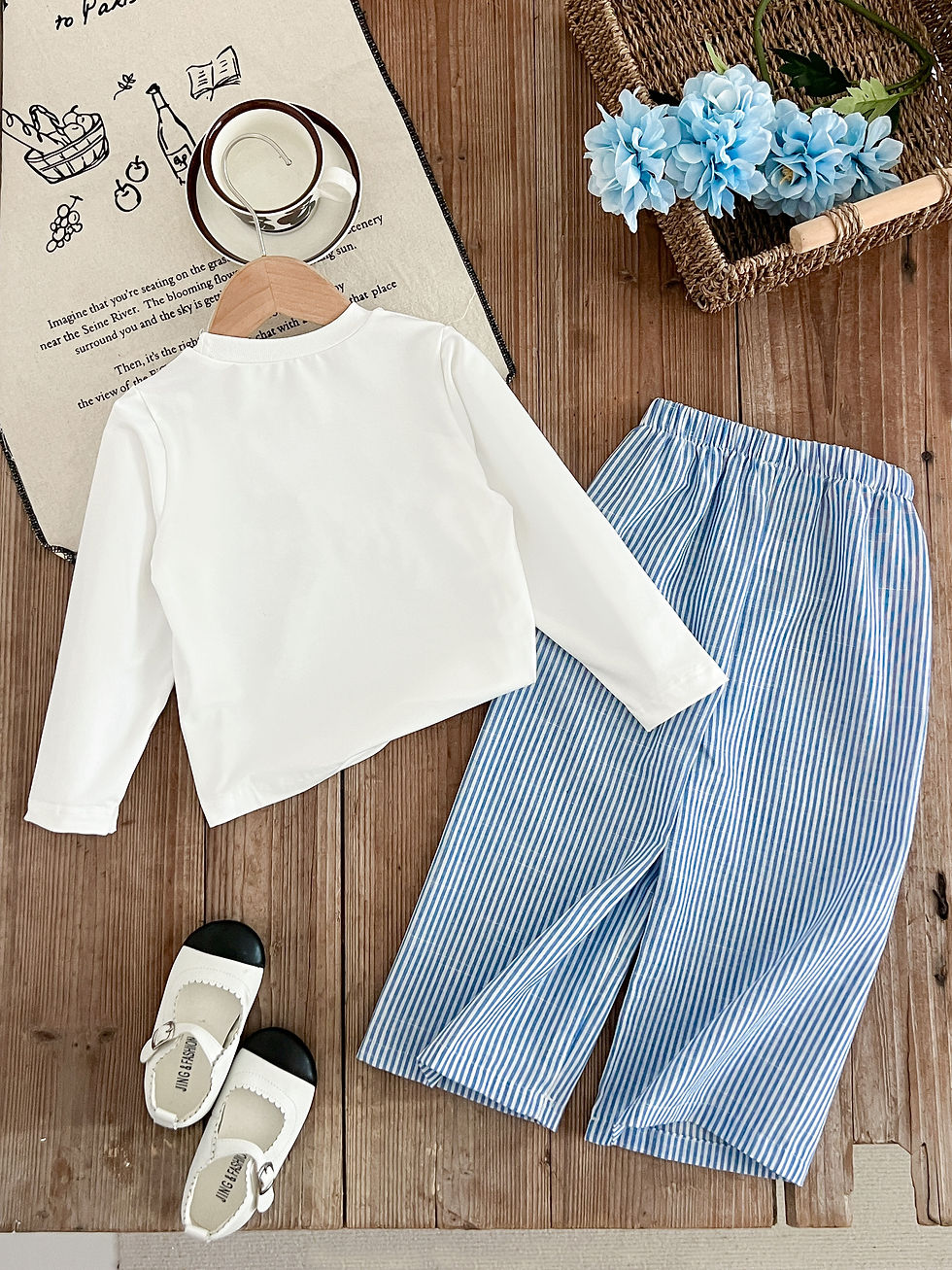 Thumbnail: 3D Bow Long-sleeved Top+ Striped Wide-leg Pants