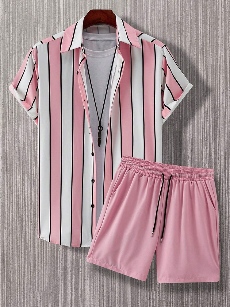 Thumbnail: Summer men's Pink Striped 3D Printed Shirt set, short-sleeved shirt, Casual larg