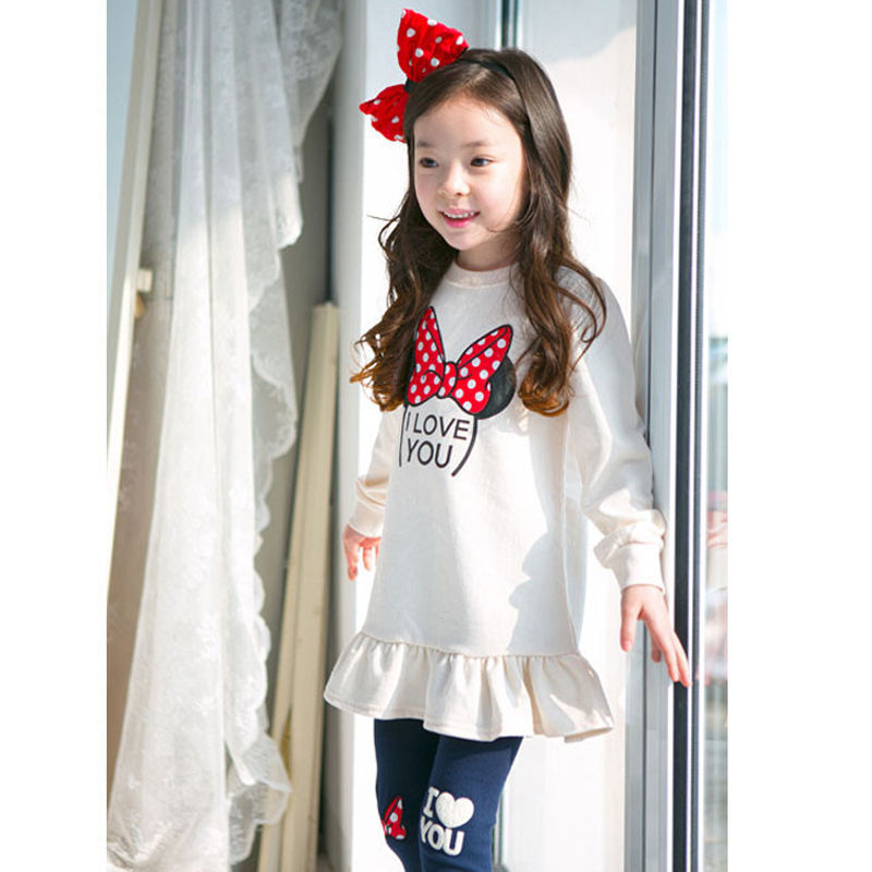 Thumbnail: Cartoon Bow Knot Long Sleeve Cotton Shirt + Leggings 2Pcs Suit For 3-8 Years Gir