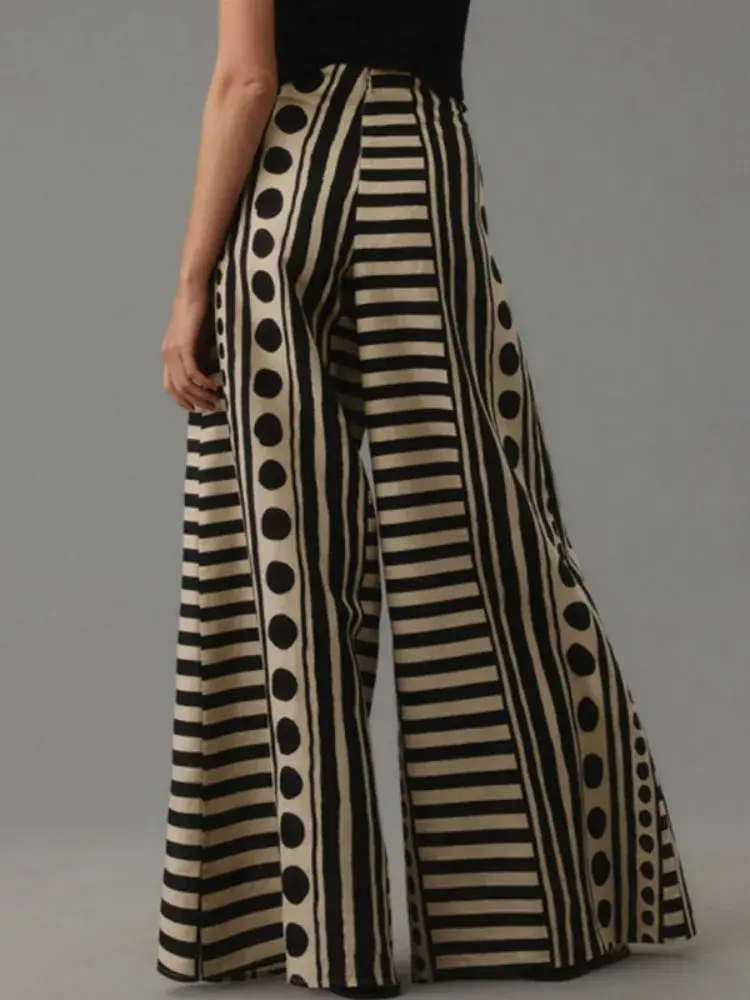 Thumbnail: 2026 Women's Stylish Wide Leg Pants Black White Polka Dot Stripe Patchwork High 