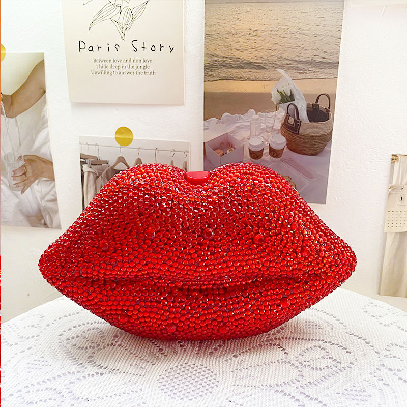 Thumbnail: Rhinestone Lips Shape Evening Bag