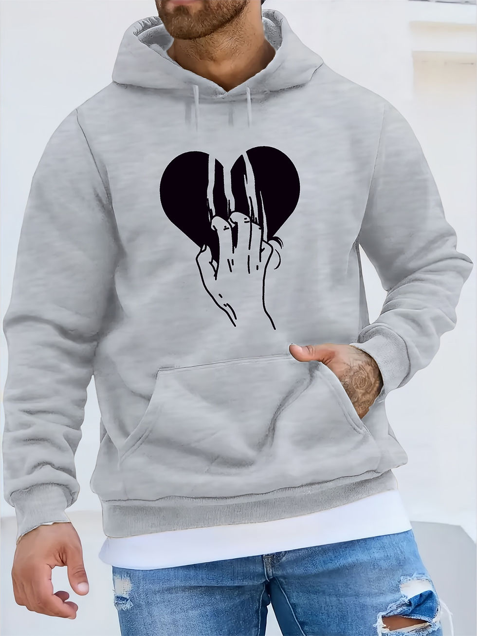 Thumbnail: Love Heart Pattern Print Hooded Sweatshirt, Comfy Hoodies, Fashion Casual Tops F