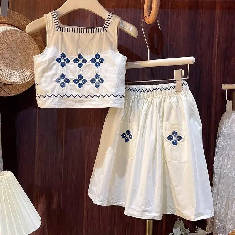 Thumbnail: Floral Embroidery Sleeveless Top + Skirt 2pcs 