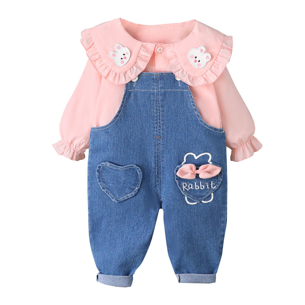 Clothing Set cute girls 0-4year Long Sleeve Shirt + Denim overalls