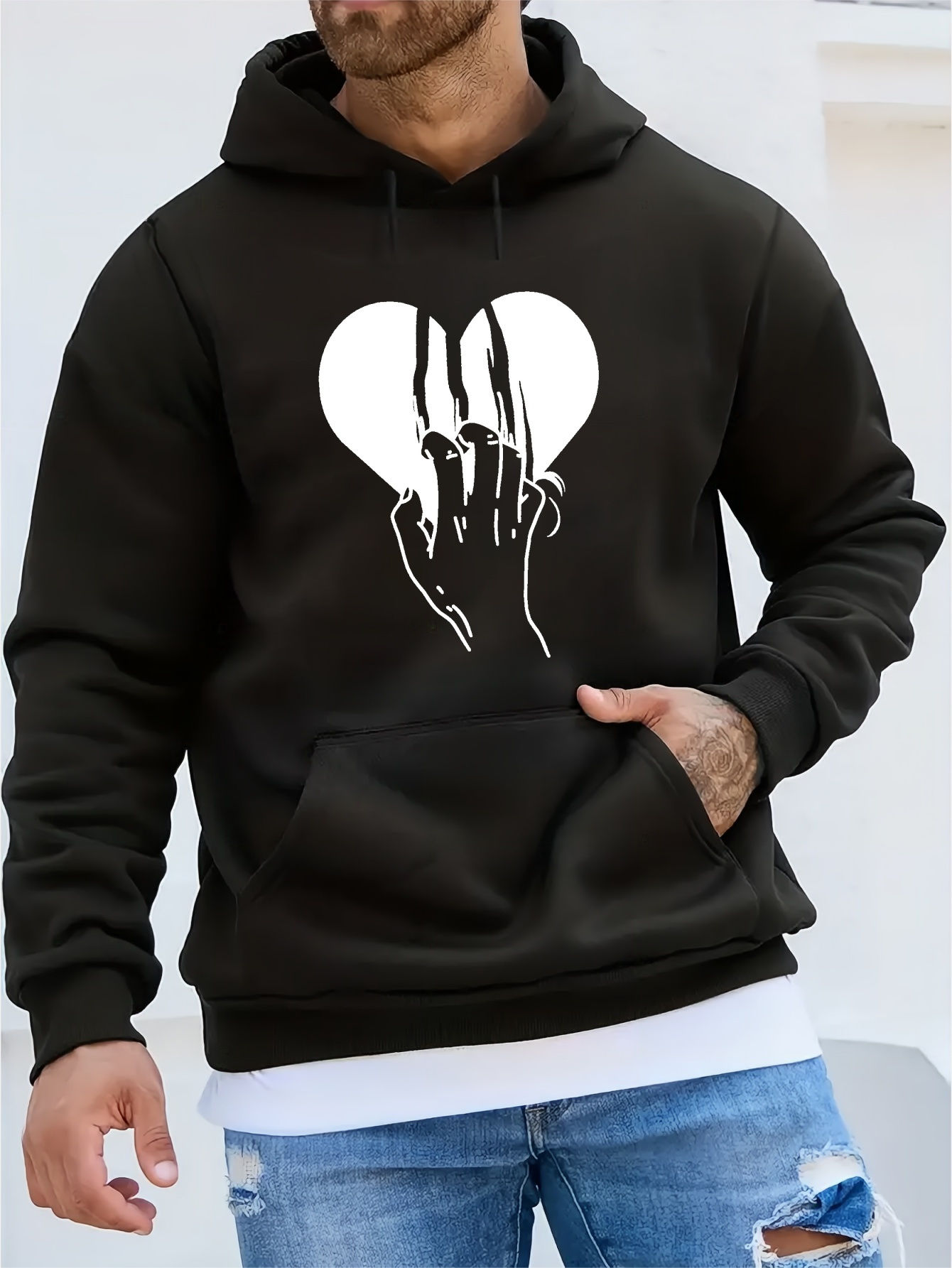 Love Heart Pattern Print Hooded Sweatshirt, Comfy Hoodies, Fashion Casual Tops F