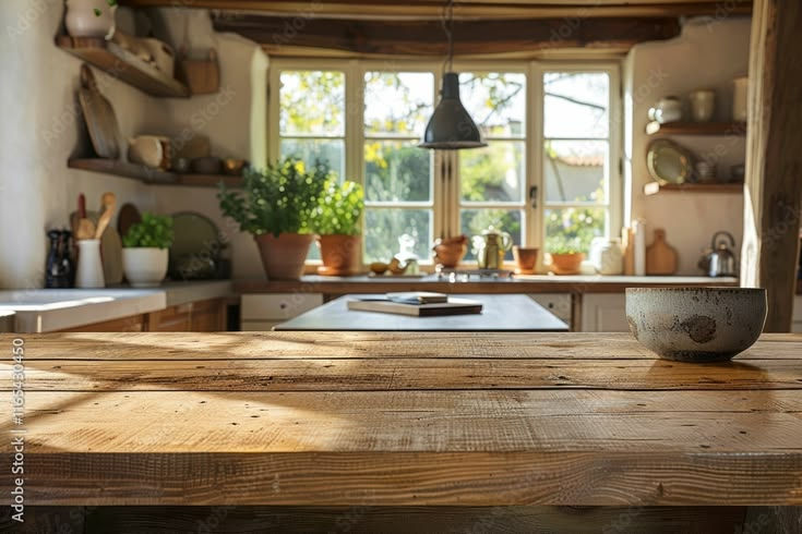 Blurred Kitchen Interior - Wooden Desk Space Home Background (4).jpg