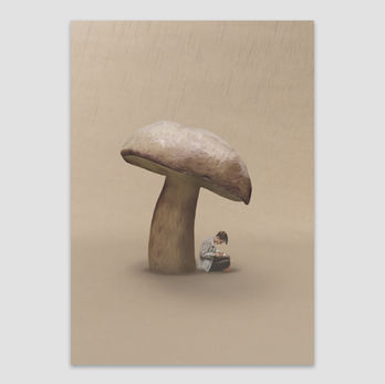 Digital artwort, digital design, lavet i Photoshop af grafisk designer Andreas May. Poster of mushroom and a boy taking shelter