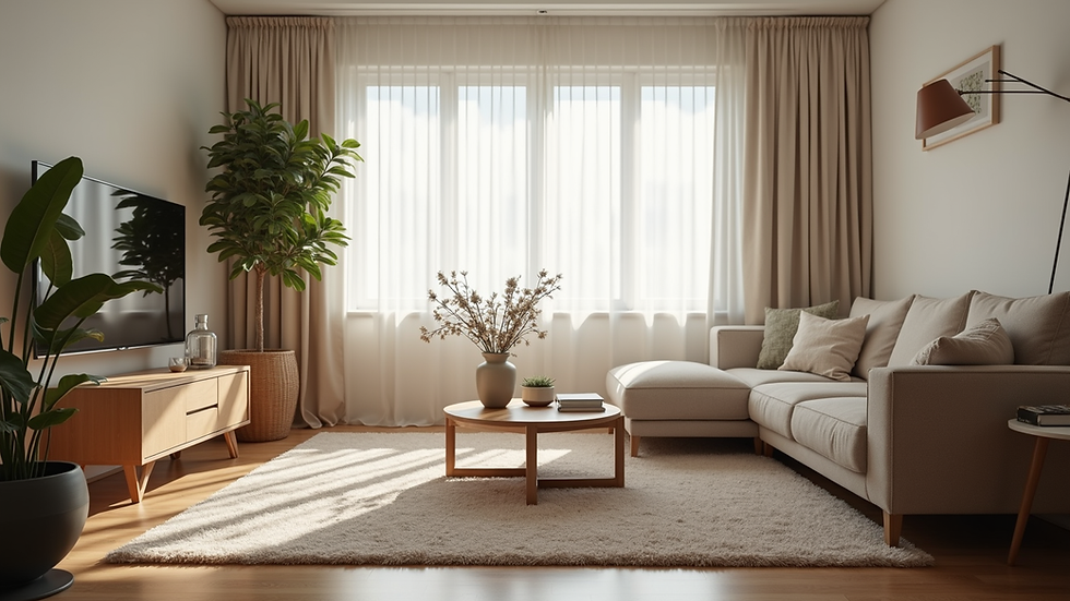 Eye-level view of a serene, clutter-free living room