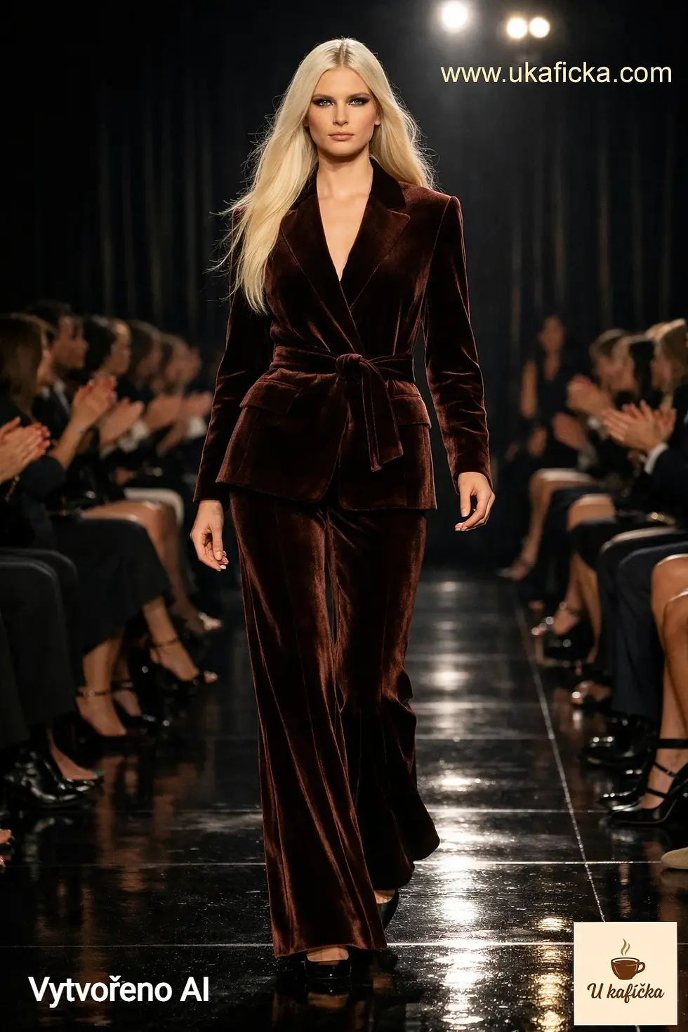 Blond modelka kráčí po mole v hlubokém čokoládově hnědém sametovém kostýmu. Vytvořeno AI.