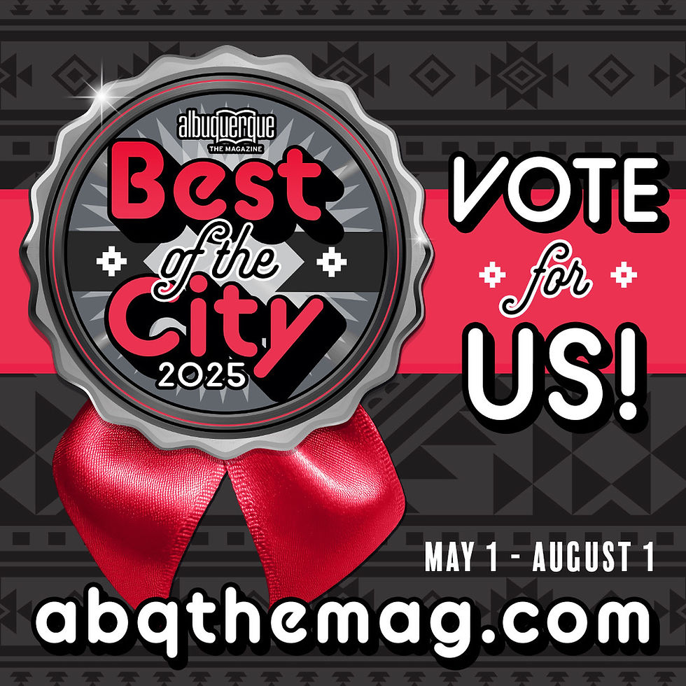 "Best of the City 2025" in bold text on a decorative badge with a red ribbon. Background has geometric patterns. Text: "VOTE for US! May 1 - August 1. abqthemag.com".