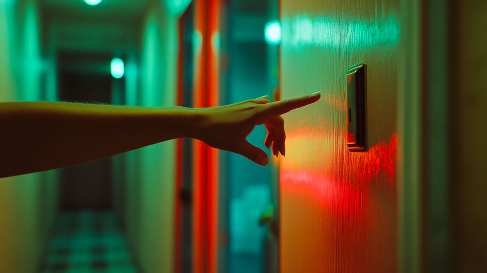 Una mano va a suonare il campanello di una porta, di sfondo un corridoio con luci verdi e blu