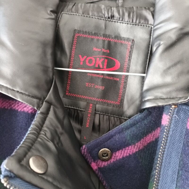 YOKI Women's Plaid Wool Faux Leather Jacket – Green, Blue & Pink Patterned Coat