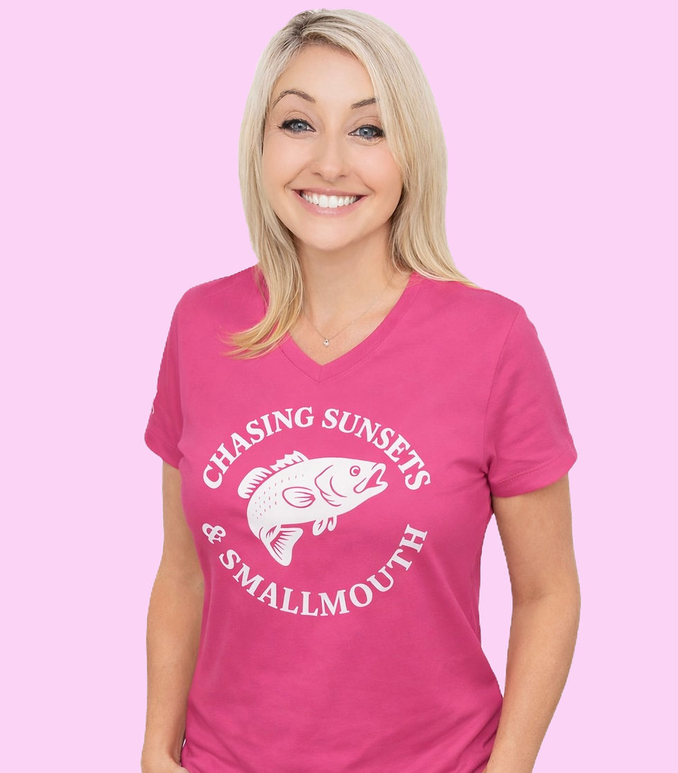Thumbnail: Model wearing Chasing Sunsets & Smallmouth front view pink