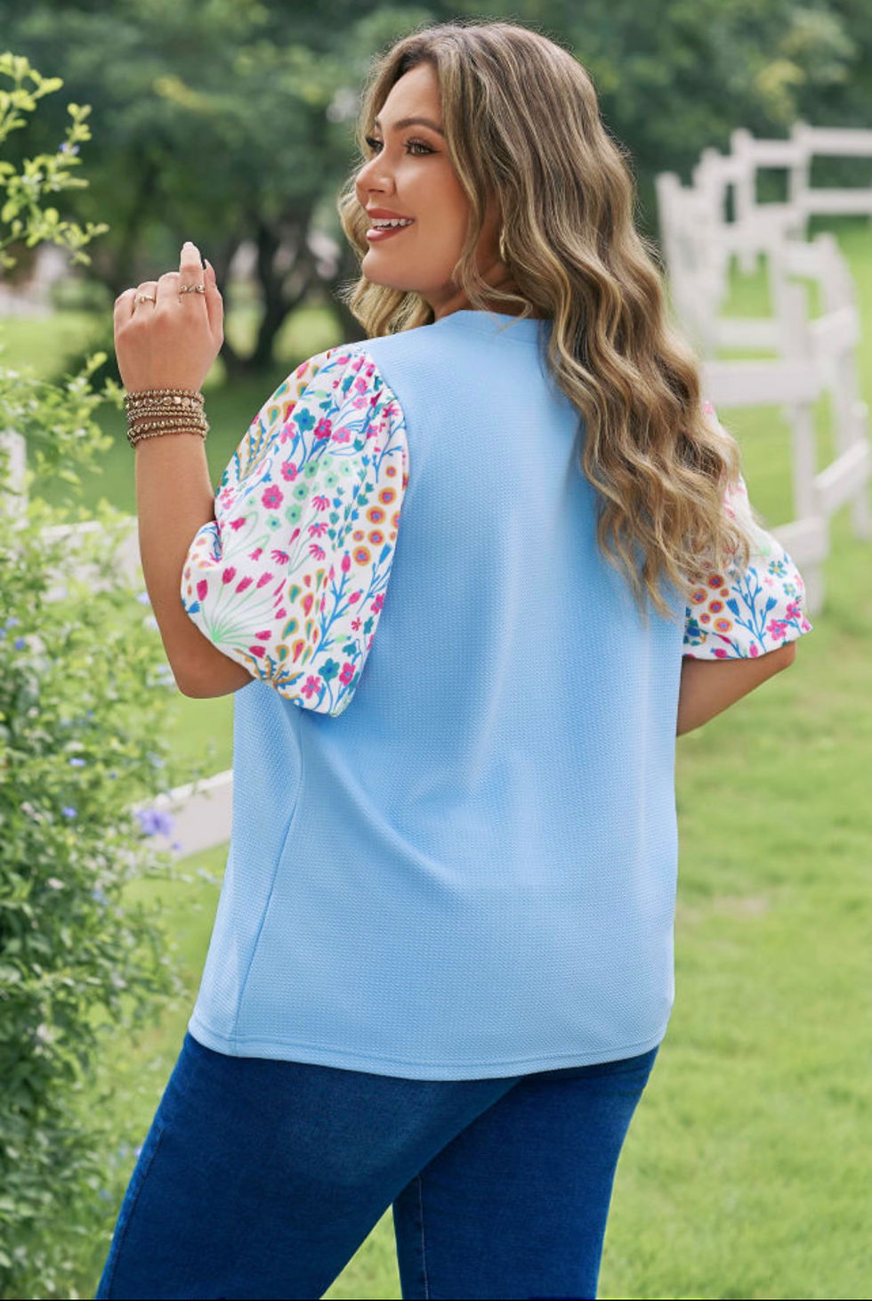 Thumbnail: A+O Curvy Girl Light Blue Textured Floral Sleeve Top