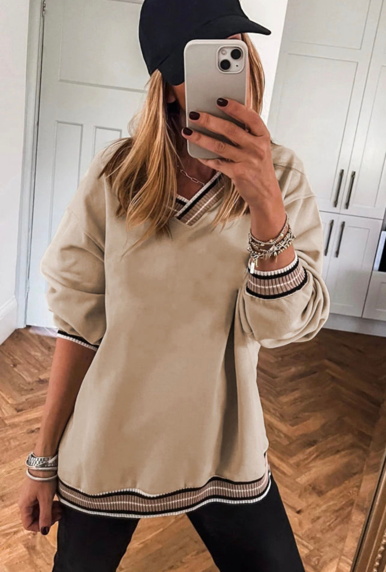 Varsity Striped Trim V-Neck Sweatshirt