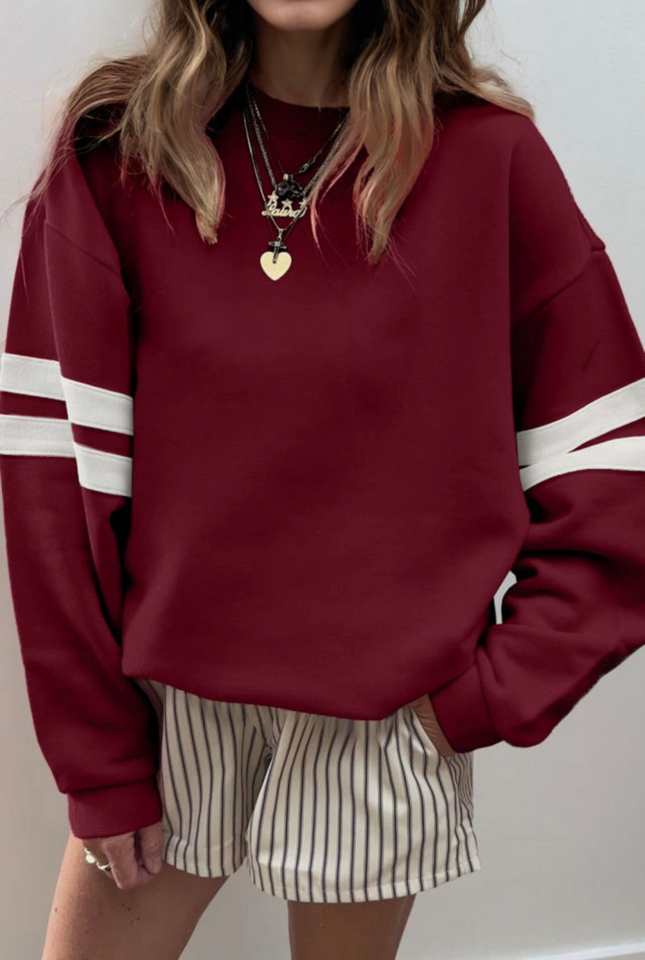 Red Dahlia Varsity Striped Oversized Sweatshirt