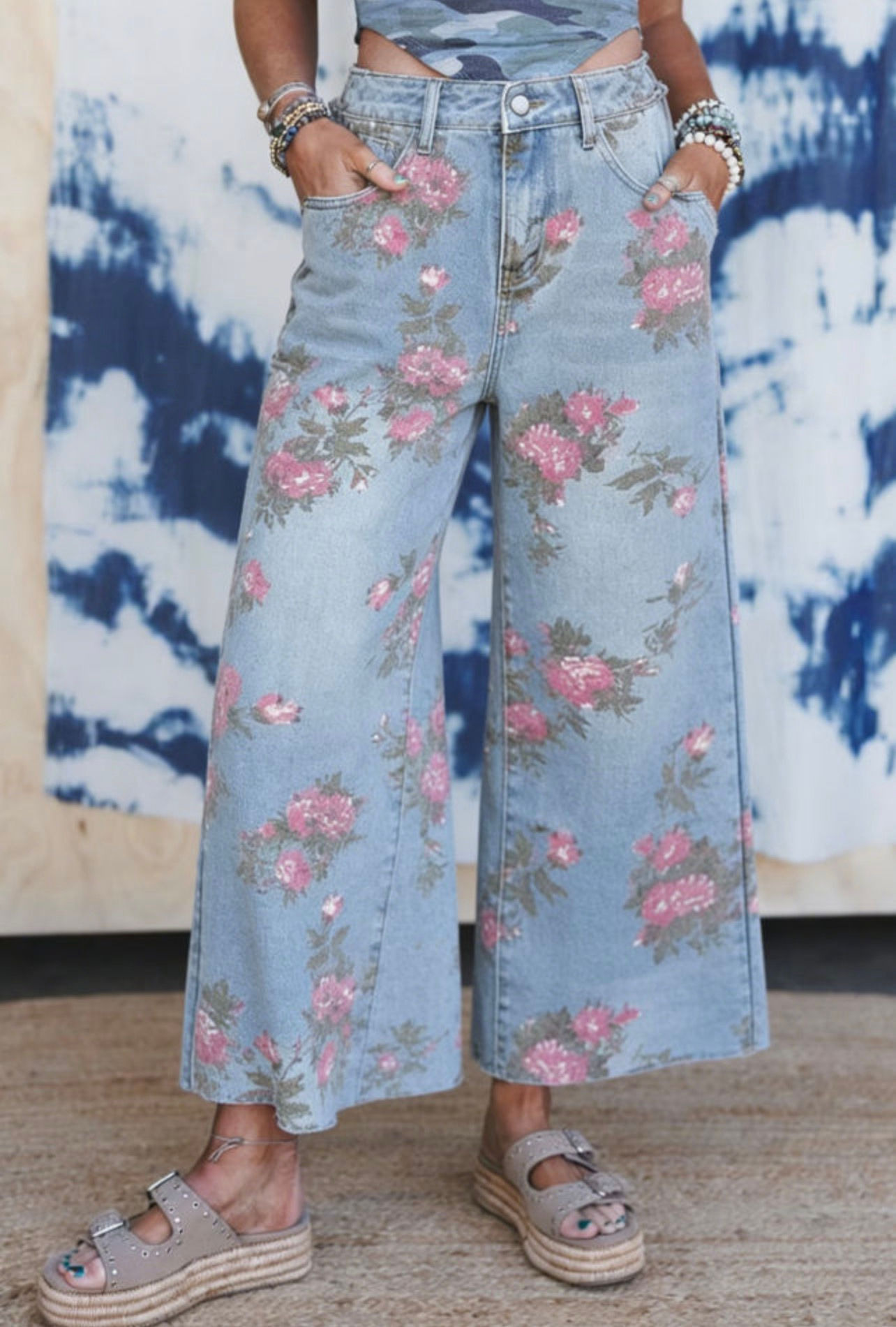 Sky Blue Floral Garden Floral Print Bootcut Jeans