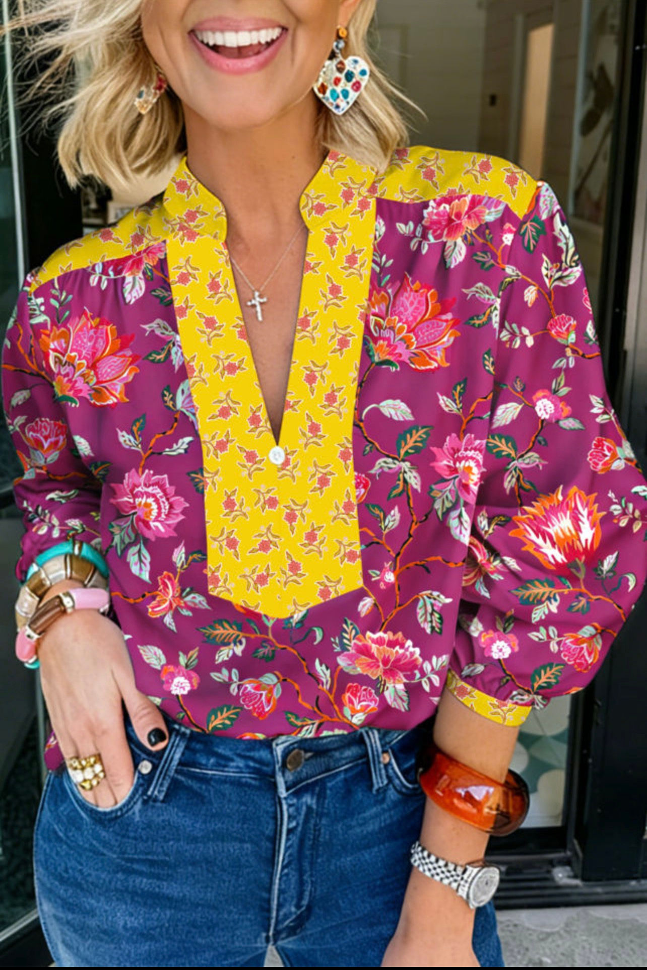 Rose Split V-Neck Floral Blouse