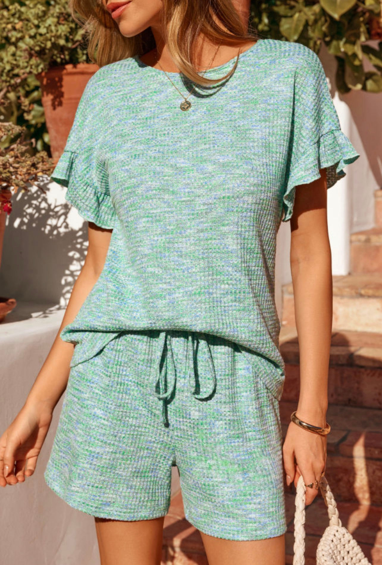 Heather Textured Ruffle Sleeve Top and Drawstring Shorts Set