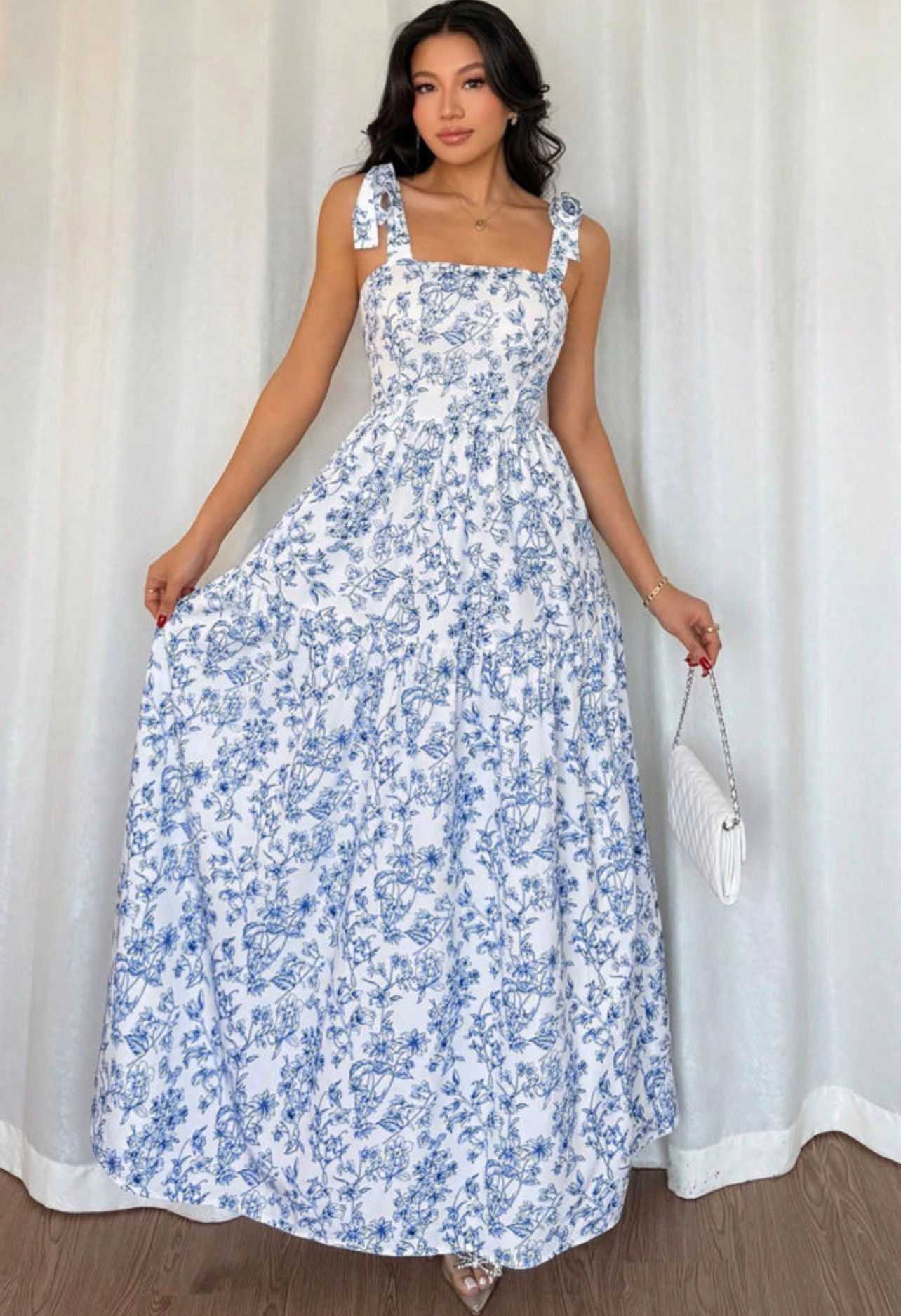 Sky Blue Floral Print High Waist Flared Maxi Dress