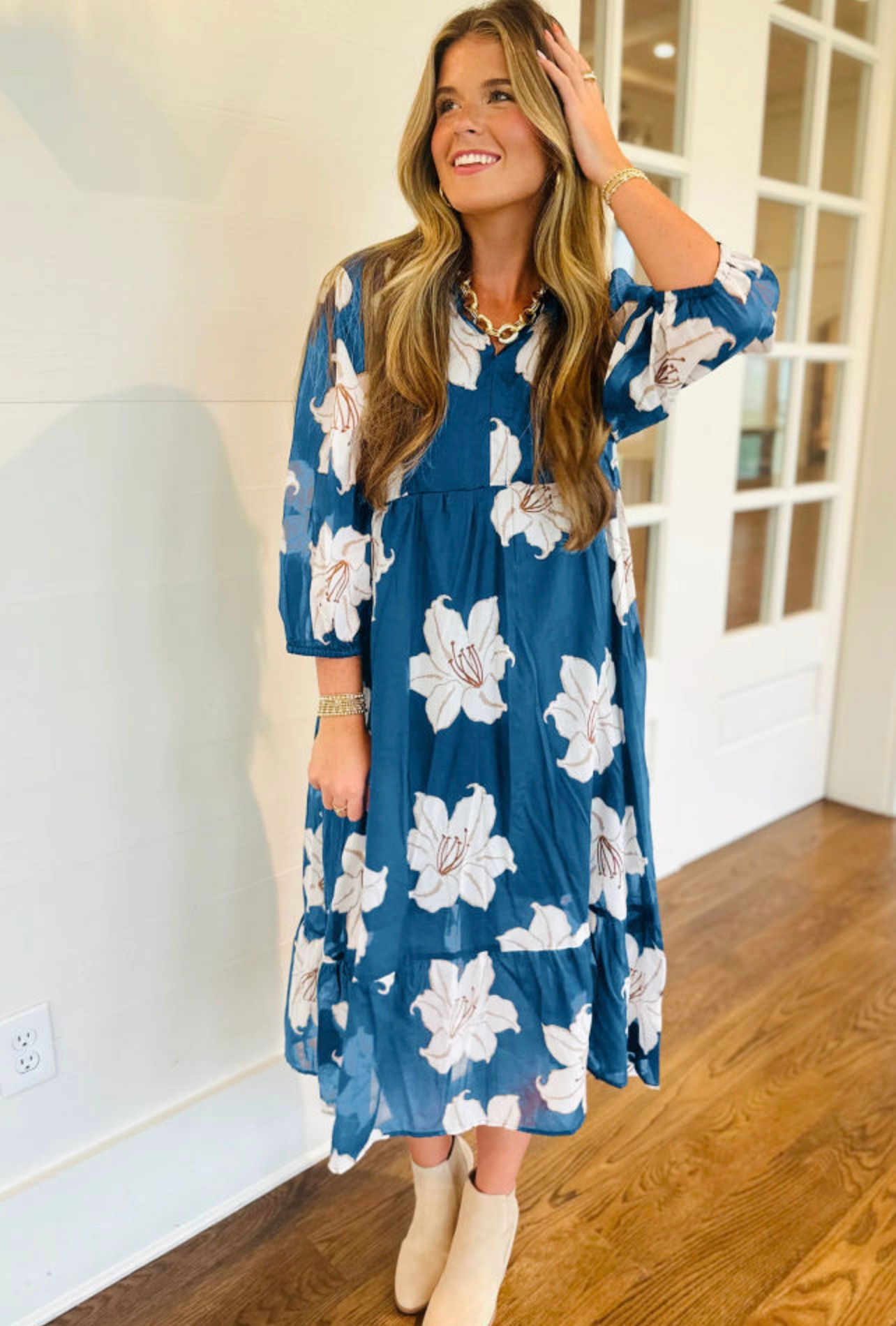 Blue Floral Print 3/4 Sleeve Dress