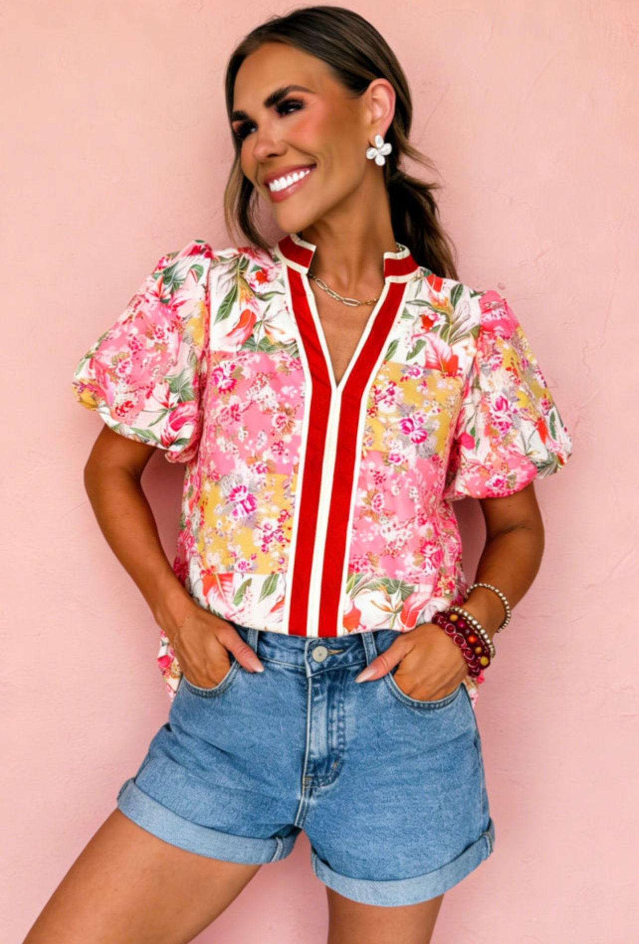 Pink Collared V-Neck Floral Blouse