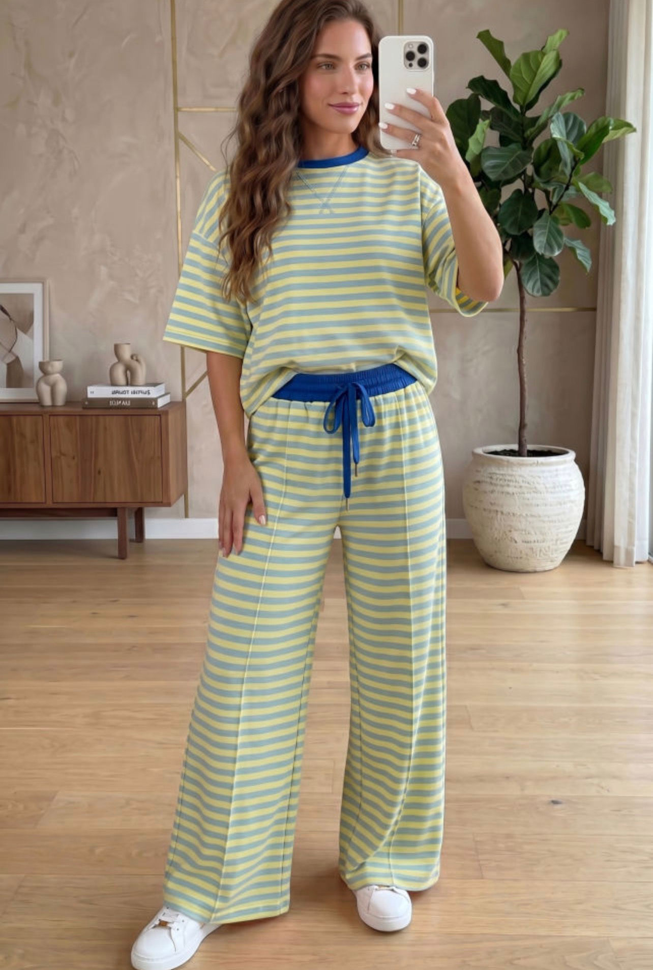 Yellow Stripe Loose Tee 2pcs Pant Set