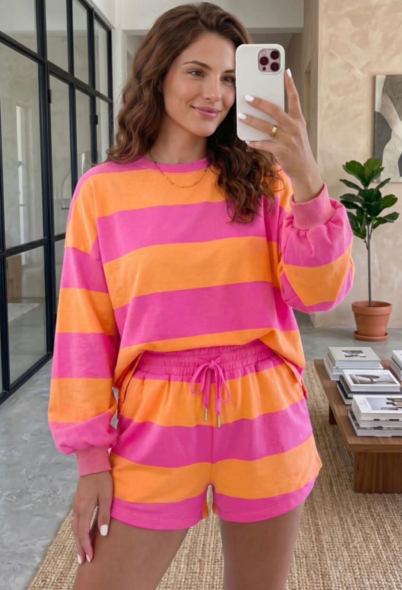 Pink Stripe Long Sleeve Casual Top Drawstring Shorts 2 pcs Set