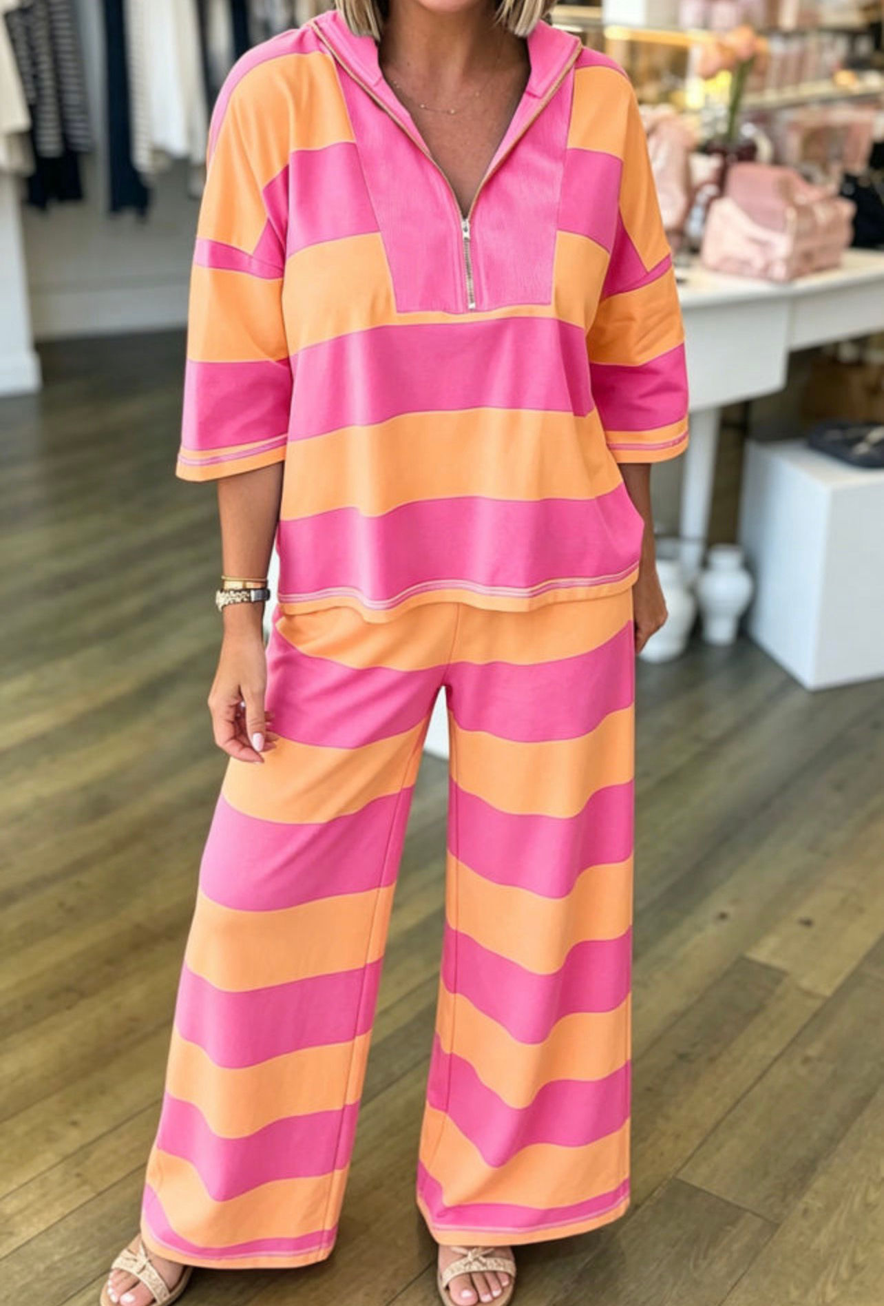 Orange Stripe Colosblock Casual Loose 2pcs Pant Set
