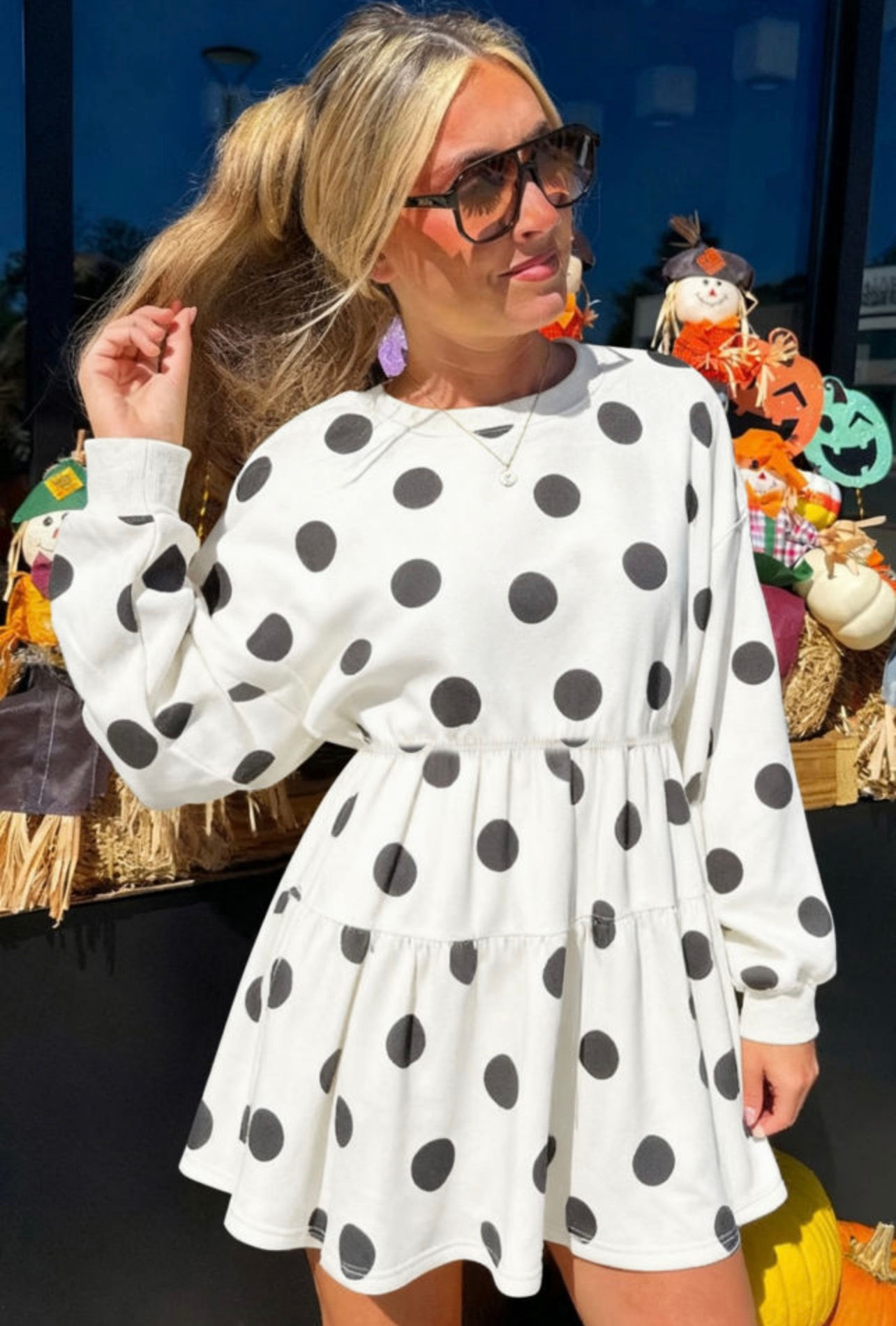 White Polka Dot Print Flared Dress