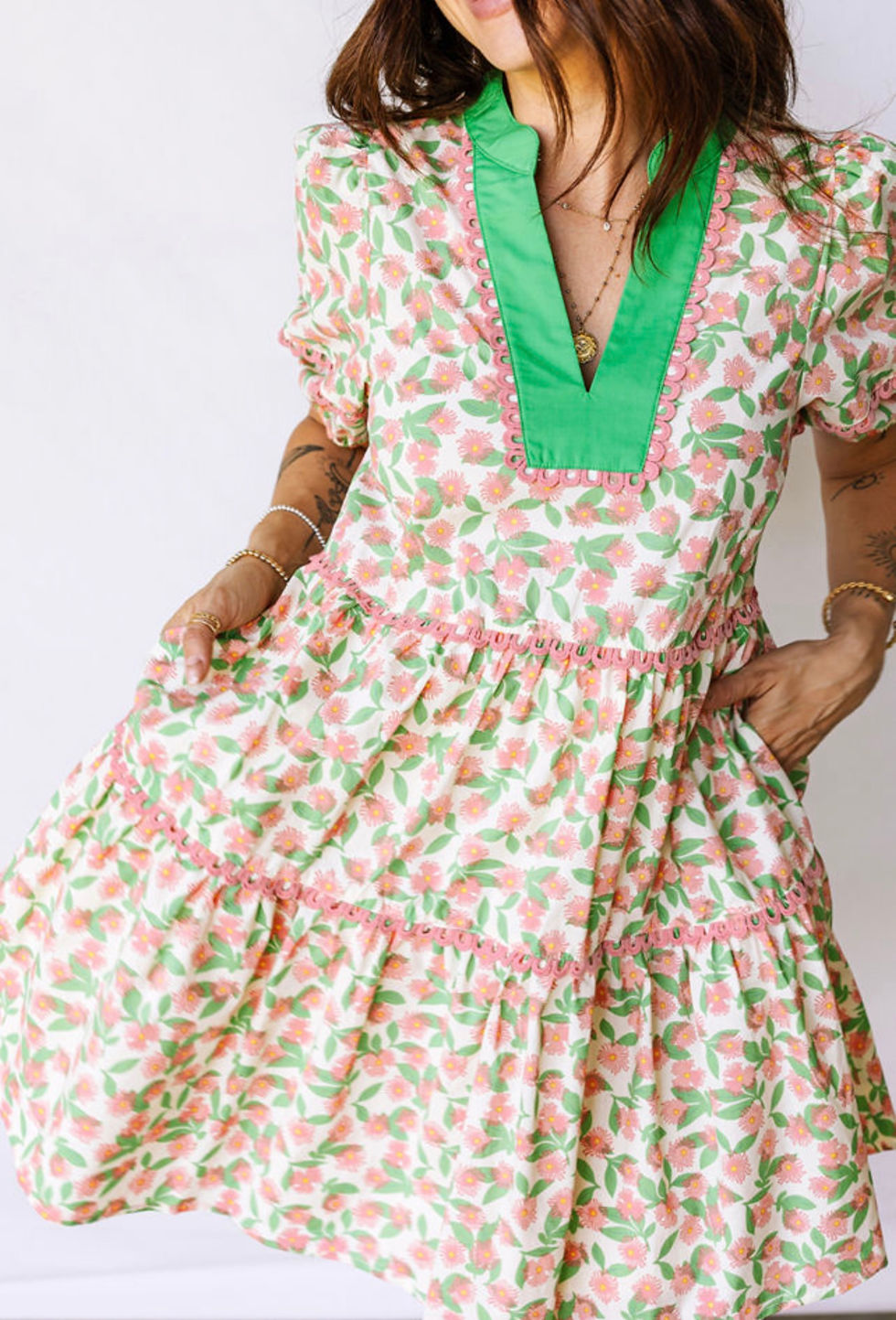 Thumbnail: Green Floral Print Puff Sleeve Dress