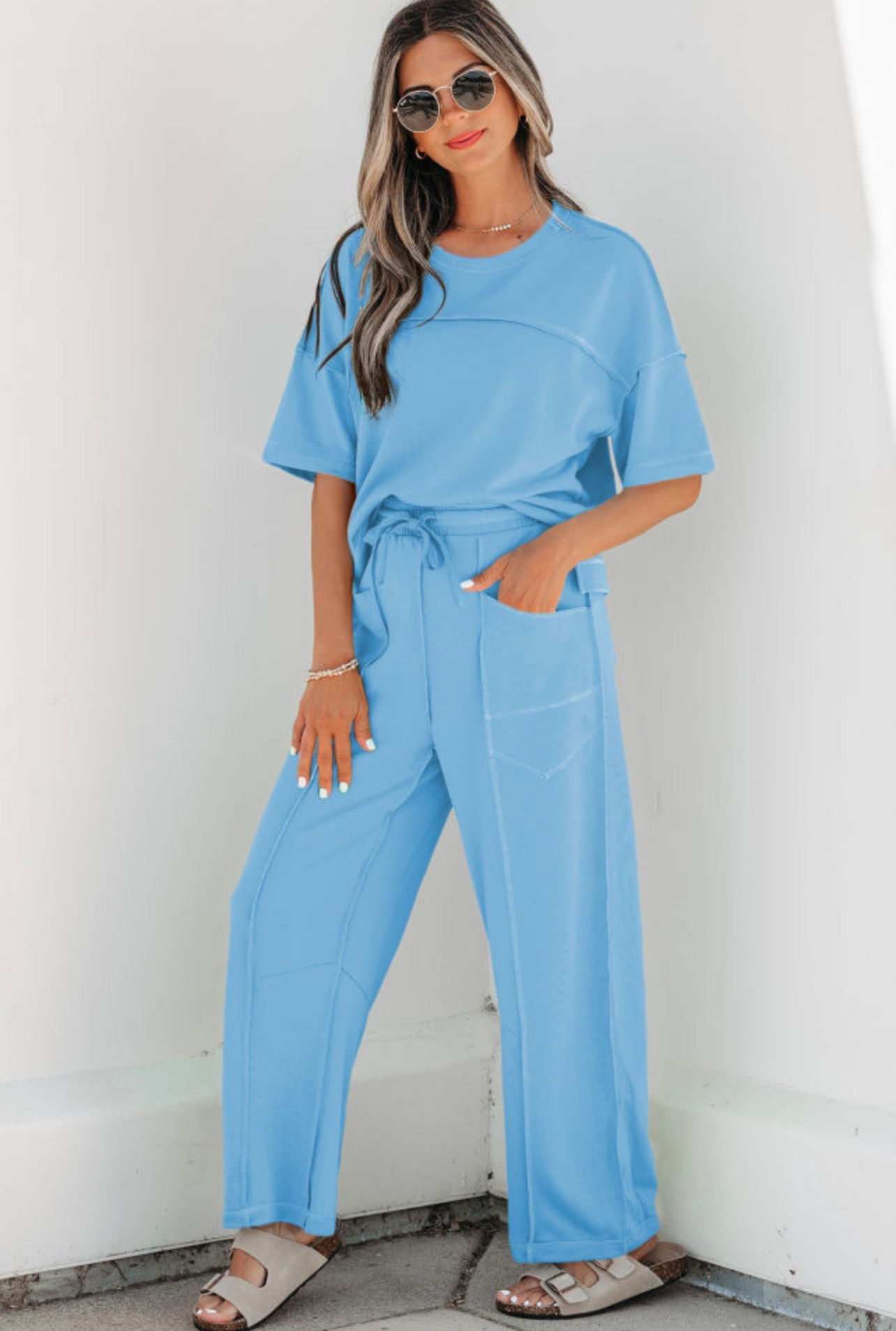 Sky Blue Drop Shoulder 2Pcs Pants Set