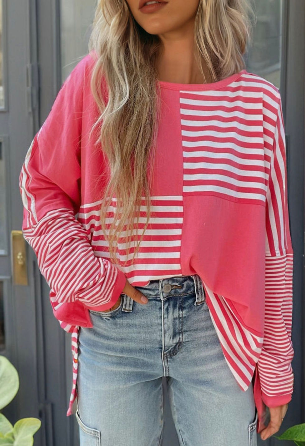 Thumbnail: Pink Stripe Colorblock Drop Shoulder Tunic Top