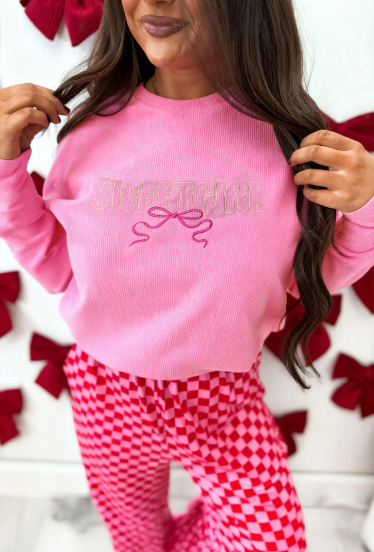 Bonbon Sweet Girl Embroidered Graphic Rib Textured  Top