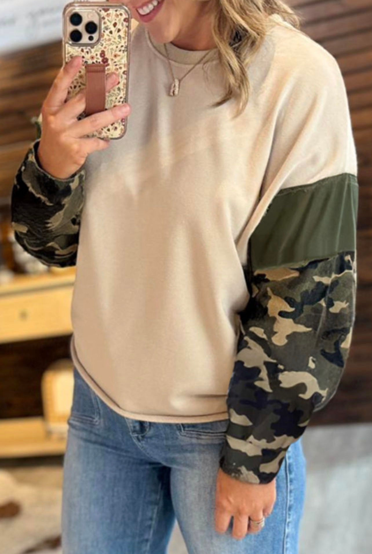 A+O Curvy Girl Apricot Camo Print Raw Hem Sweatshirt