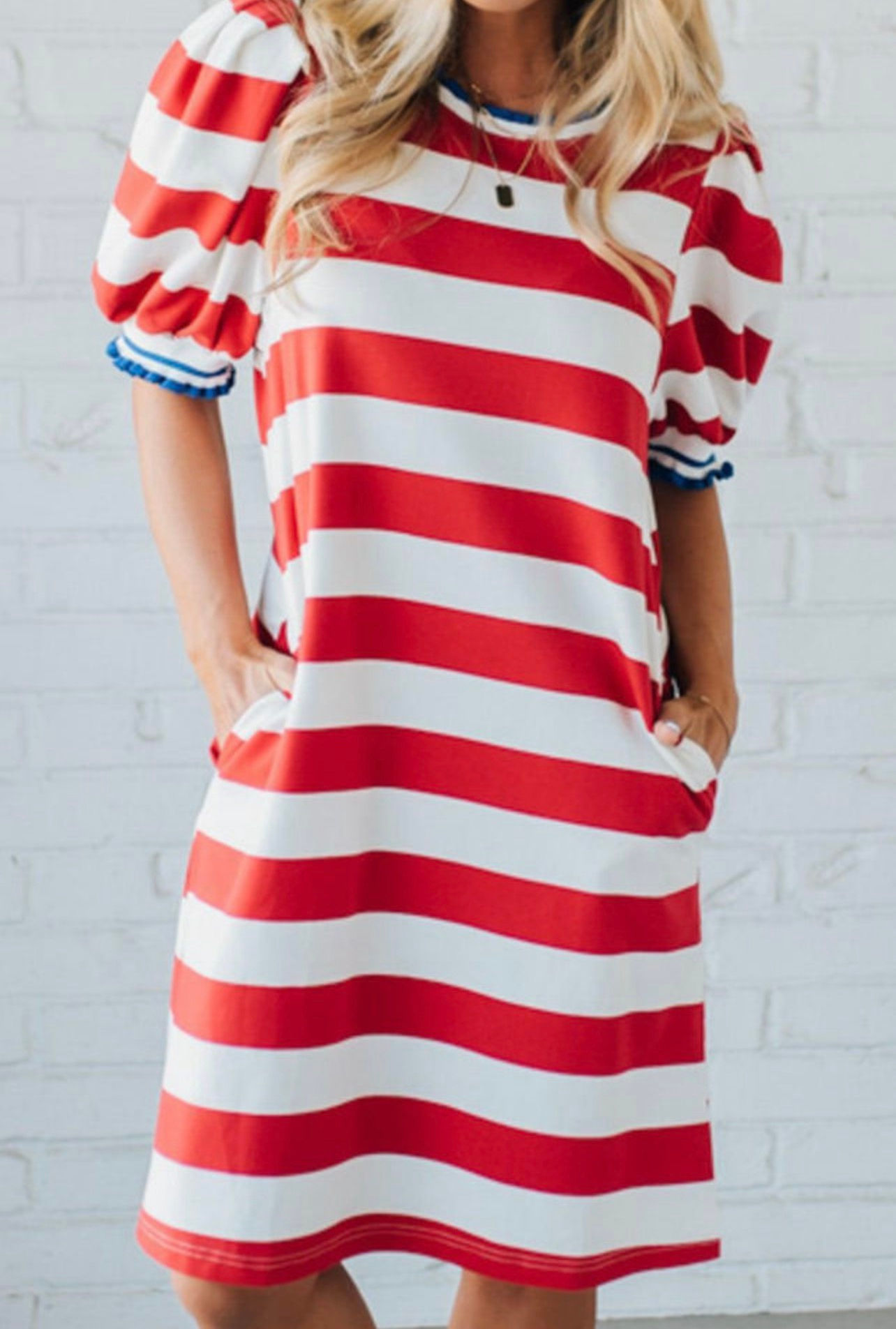 Red Stripe Puff Sleeve Dress
