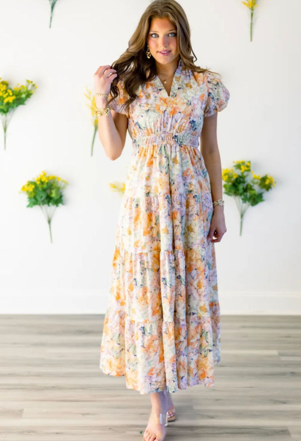 Thumbnail: Orange Floral Bubble Sleeve Flared Maxi Dress