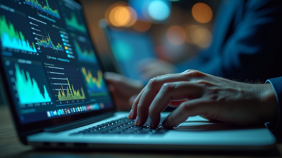 Close-up view of a cybersecurity professional analyzing data on a laptop
