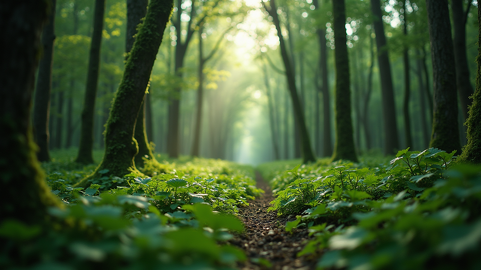 Wide angle view of a lush green forest